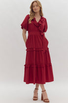 Entro Faux Wrap Short Puff Sleeve Ruffle Detail Midi Dress In Scarlet-Midi Dresses-Entro-Deja Nu Boutique, Women's Fashion Boutique in Lampasas, Texas