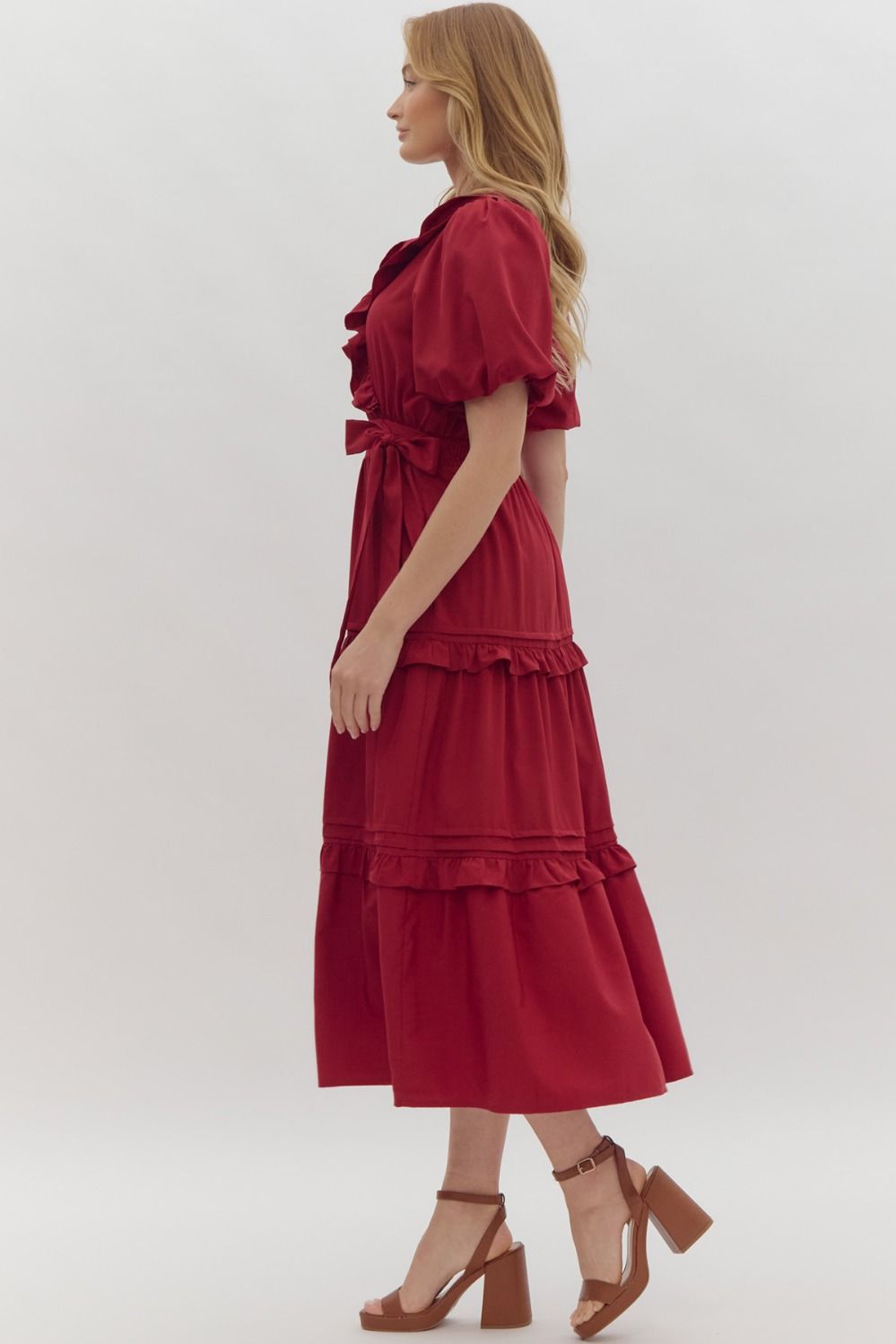 Entro Faux Wrap Short Puff Sleeve Ruffle Detail Midi Dress In Scarlet-Midi Dresses-Entro-Deja Nu Boutique, Women's Fashion Boutique in Lampasas, Texas