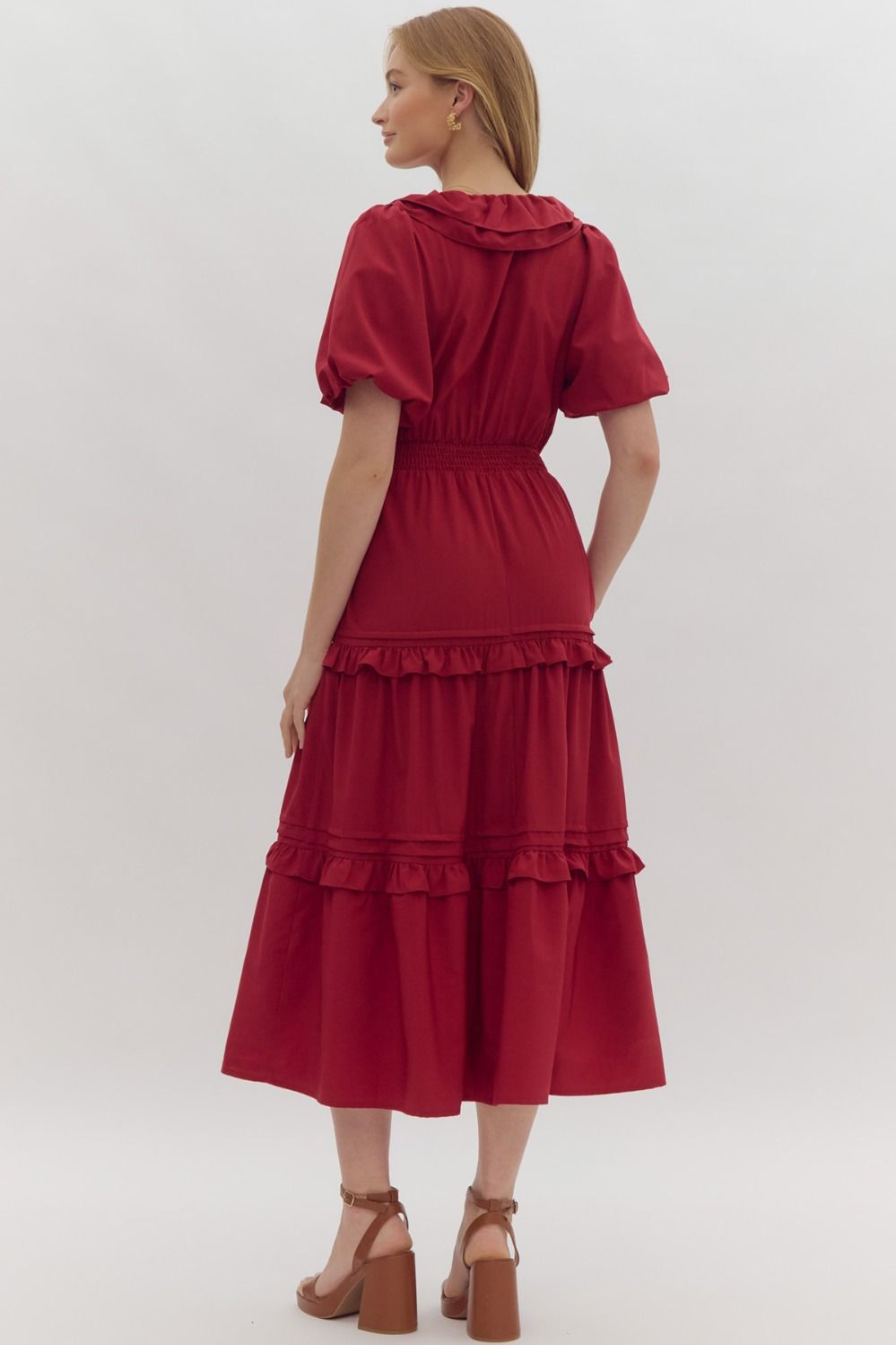 Entro Faux Wrap Short Puff Sleeve Ruffle Detail Midi Dress In Scarlet-Midi Dresses-Entro-Deja Nu Boutique, Women's Fashion Boutique in Lampasas, Texas