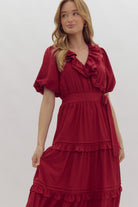 Entro Faux Wrap Short Puff Sleeve Ruffle Detail Midi Dress In Scarlet-Midi Dresses-Entro-Deja Nu Boutique, Women's Fashion Boutique in Lampasas, Texas