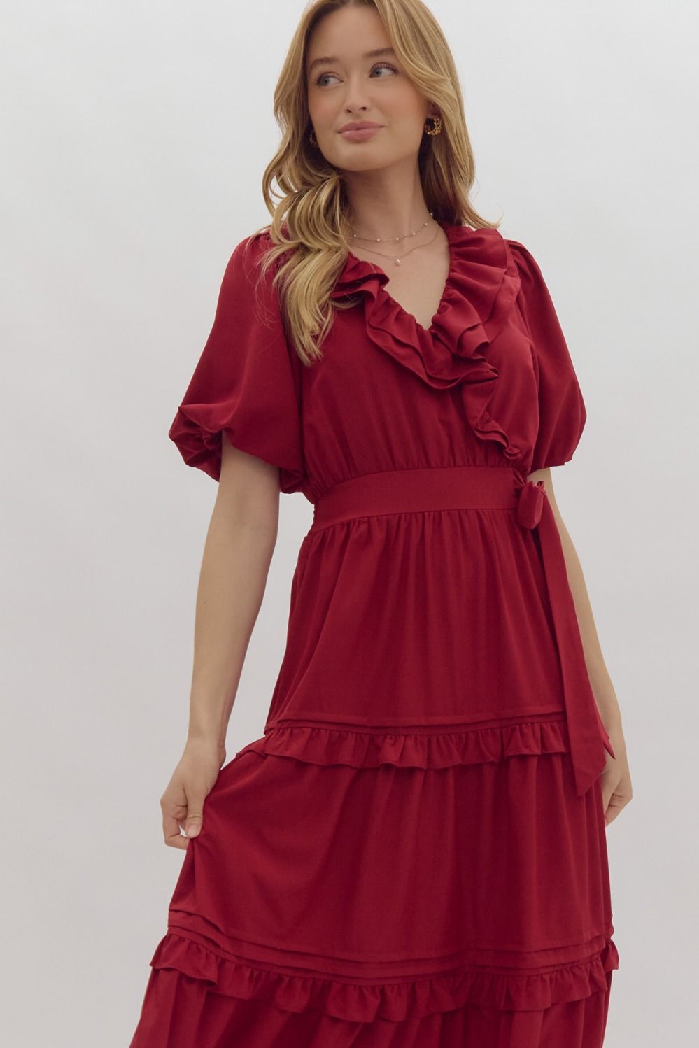 Entro Faux Wrap Short Puff Sleeve Ruffle Detail Midi Dress In Scarlet-Midi Dresses-Entro-Deja Nu Boutique, Women's Fashion Boutique in Lampasas, Texas