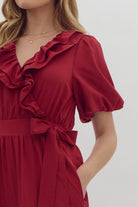 Entro Faux Wrap Short Puff Sleeve Ruffle Detail Midi Dress In Scarlet-Midi Dresses-Entro-Deja Nu Boutique, Women's Fashion Boutique in Lampasas, Texas