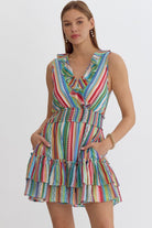 Entro Fiesta Stripe Sleeveless Ruffle Dress-Short Dresses-Entro-Deja Nu Boutique, Women's Fashion Boutique in Lampasas, Texas