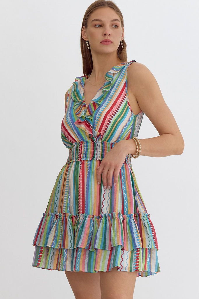 Entro Fiesta Stripe Sleeveless Ruffle Dress-Short Dresses-Entro-Deja Nu Boutique, Women's Fashion Boutique in Lampasas, Texas