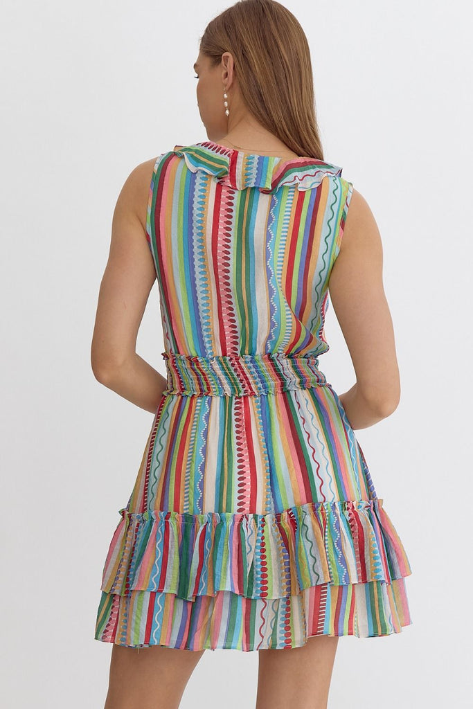 Entro Fiesta Stripe Sleeveless Ruffle Dress-Short Dresses-Entro-Deja Nu Boutique, Women's Fashion Boutique in Lampasas, Texas