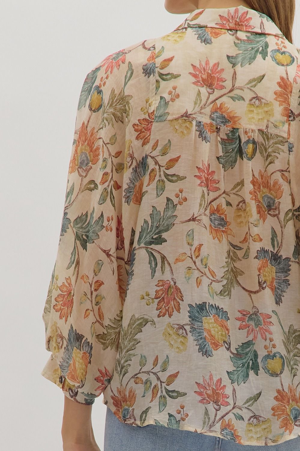 Entro Floral Print Long Sleeve Button-Down Top in Ecru-Tops-entro-Deja Nu Boutique, Women's Fashion Boutique in Lampasas, Texas