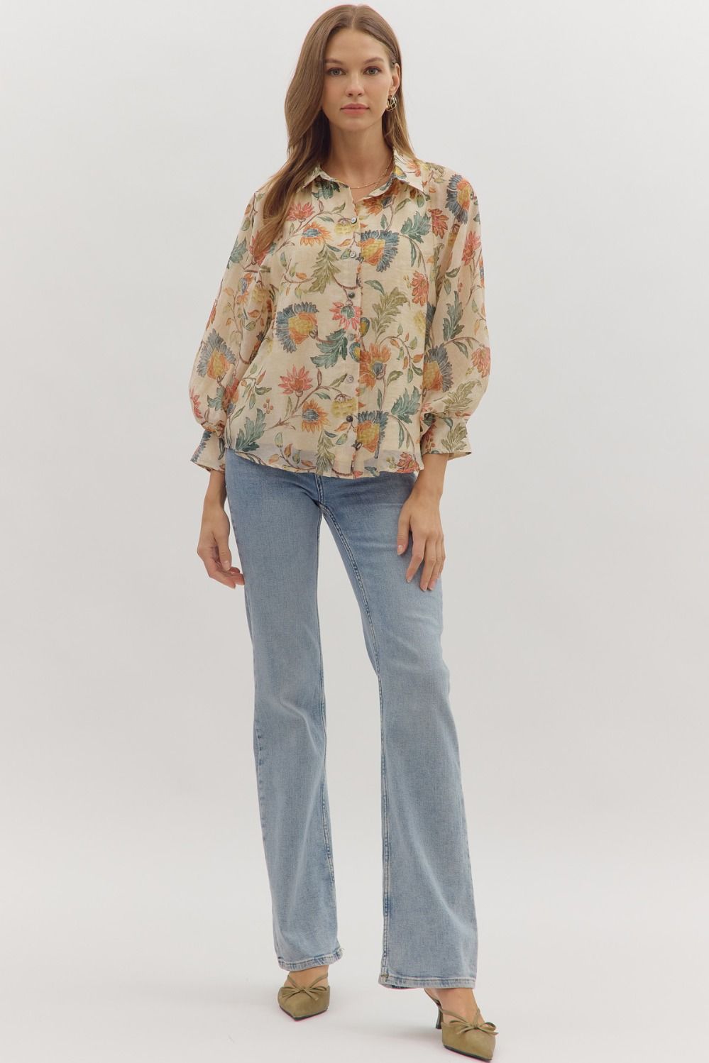 Entro Floral Print Long Sleeve Button-Down Top in Ecru-Tops-entro-Deja Nu Boutique, Women's Fashion Boutique in Lampasas, Texas
