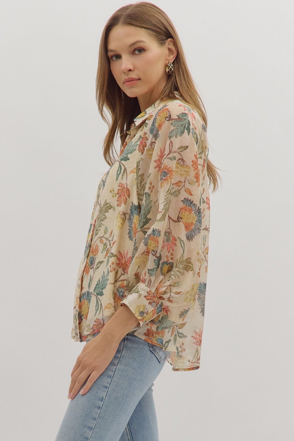 Entro Floral Print Long Sleeve Button-Down Top in Ecru-Tops-entro-Deja Nu Boutique, Women's Fashion Boutique in Lampasas, Texas