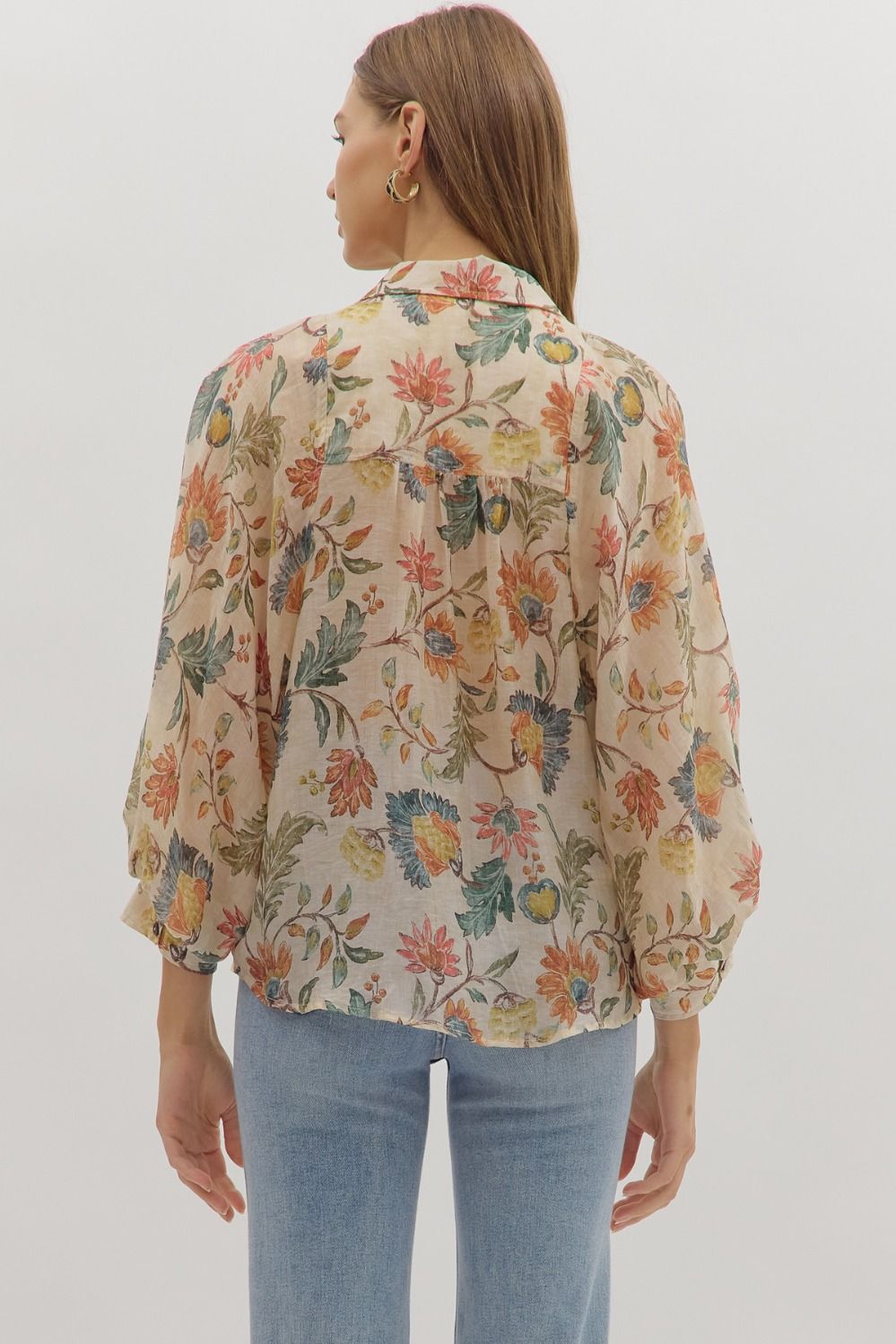 Entro Floral Print Long Sleeve Button-Down Top in Ecru-Tops-entro-Deja Nu Boutique, Women's Fashion Boutique in Lampasas, Texas