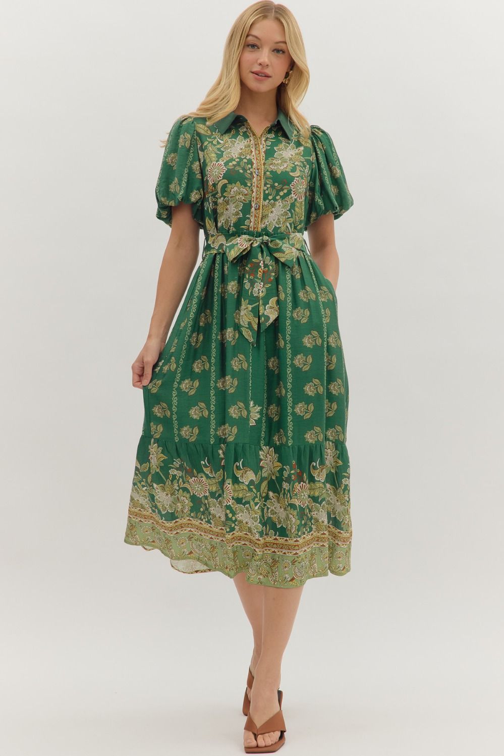 Entro Green Botanical Midi Dress with Puff Sleeves & Button Front-Midi Dresses-entro-Deja Nu Boutique, Women's Fashion Boutique in Lampasas, Texas