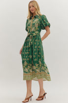 Entro Green Botanical Midi Dress with Puff Sleeves & Button Front-Midi Dresses-entro-Deja Nu Boutique, Women's Fashion Boutique in Lampasas, Texas