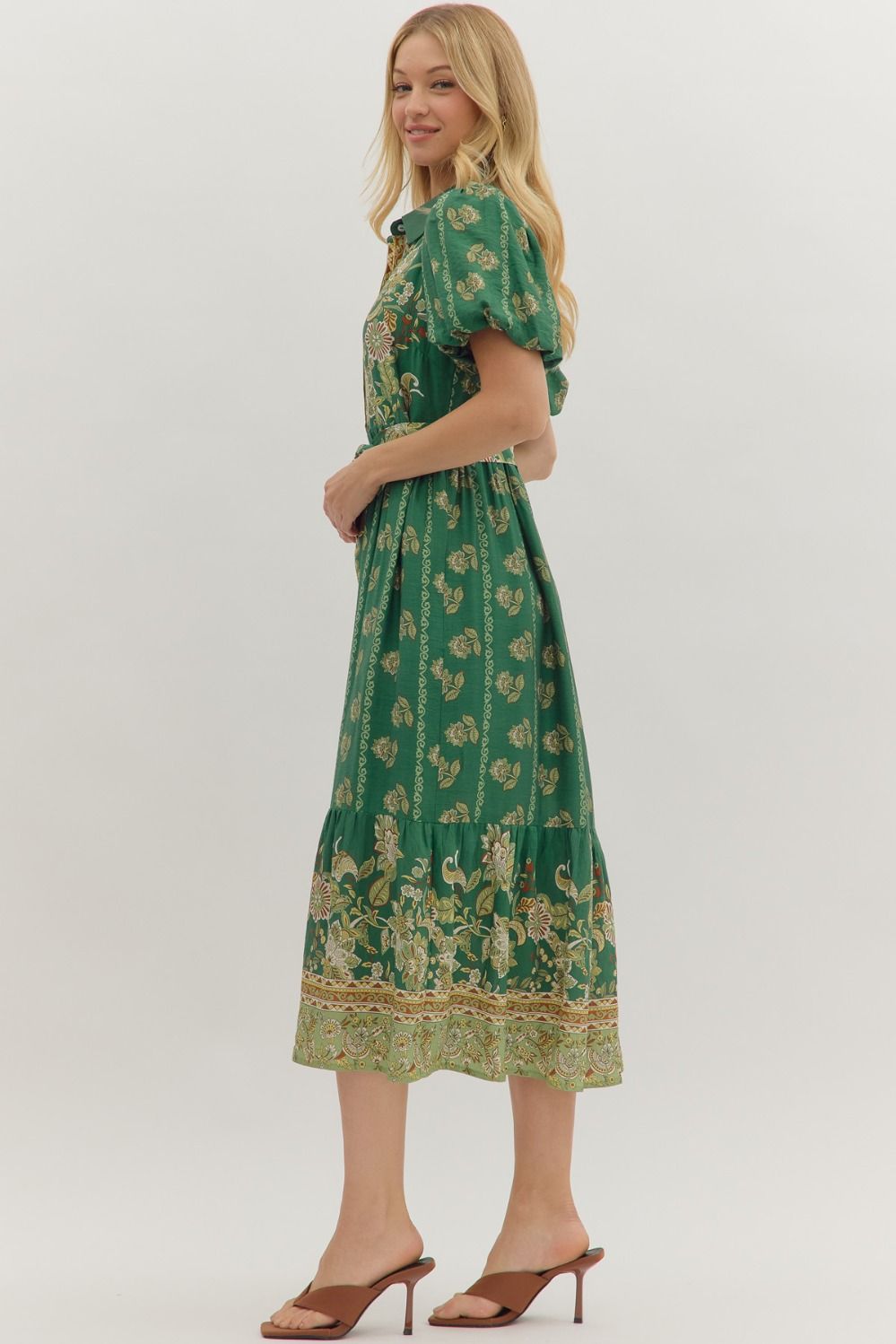 Entro Green Botanical Midi Dress with Puff Sleeves & Button Front-Midi Dresses-entro-Deja Nu Boutique, Women's Fashion Boutique in Lampasas, Texas