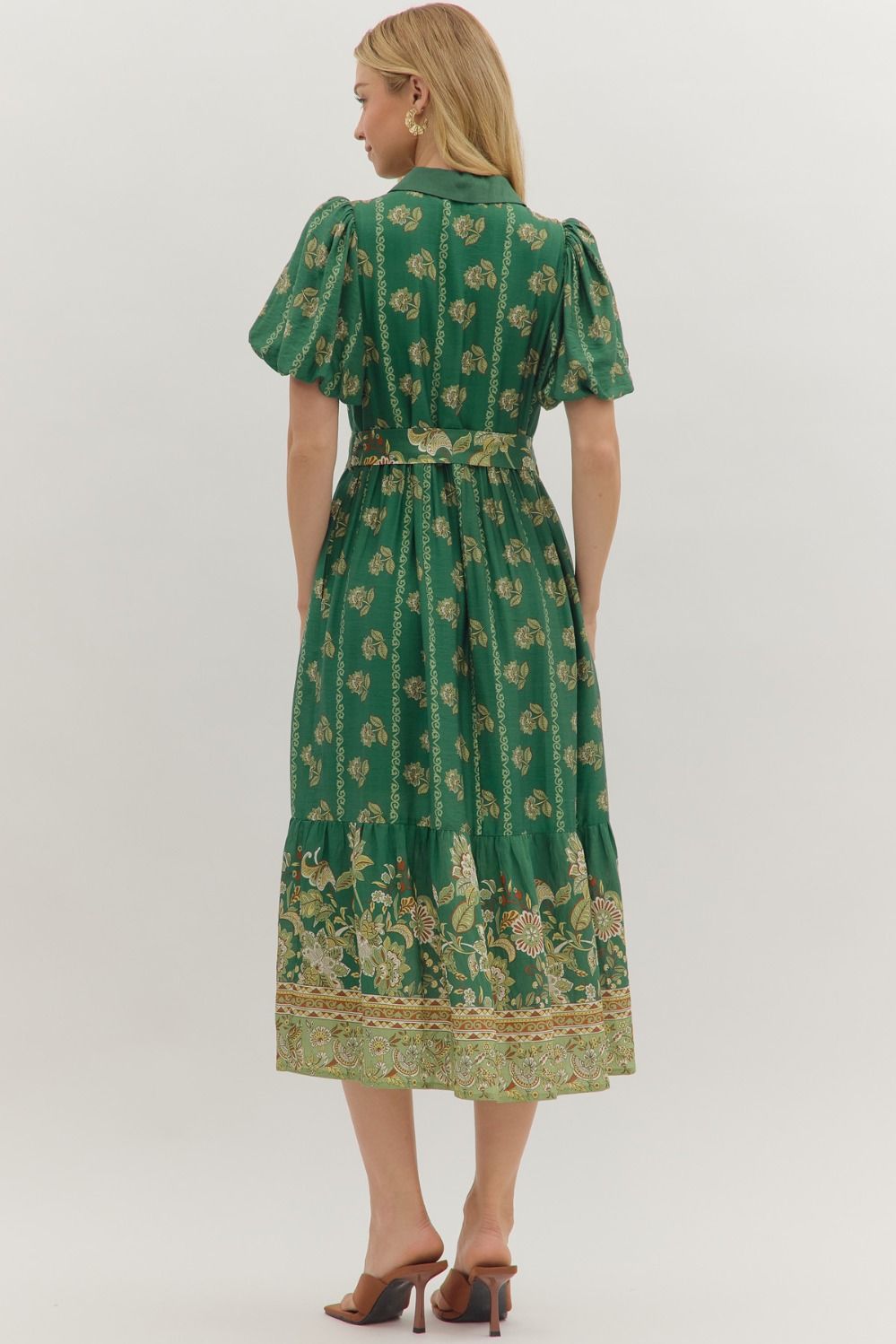 Entro Green Botanical Midi Dress with Puff Sleeves & Button Front-Midi Dresses-entro-Deja Nu Boutique, Women's Fashion Boutique in Lampasas, Texas