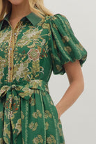 Entro Green Botanical Midi Dress with Puff Sleeves & Button Front-Midi Dresses-entro-Deja Nu Boutique, Women's Fashion Boutique in Lampasas, Texas