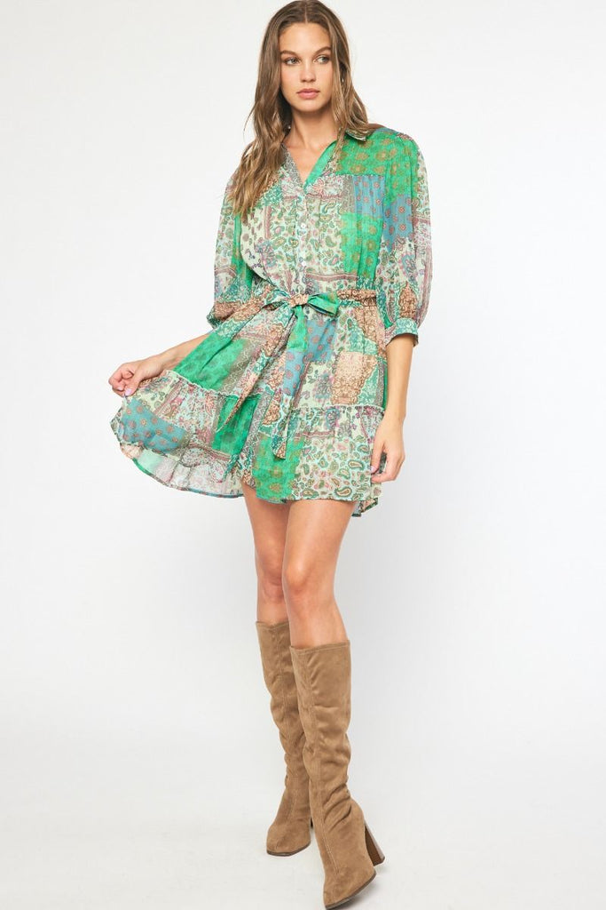 Entro Green Mixed Print Paisley Mini Dress With Belt-Short Dresses-Entro-Deja Nu Boutique, Women's Fashion Boutique in Lampasas, Texas