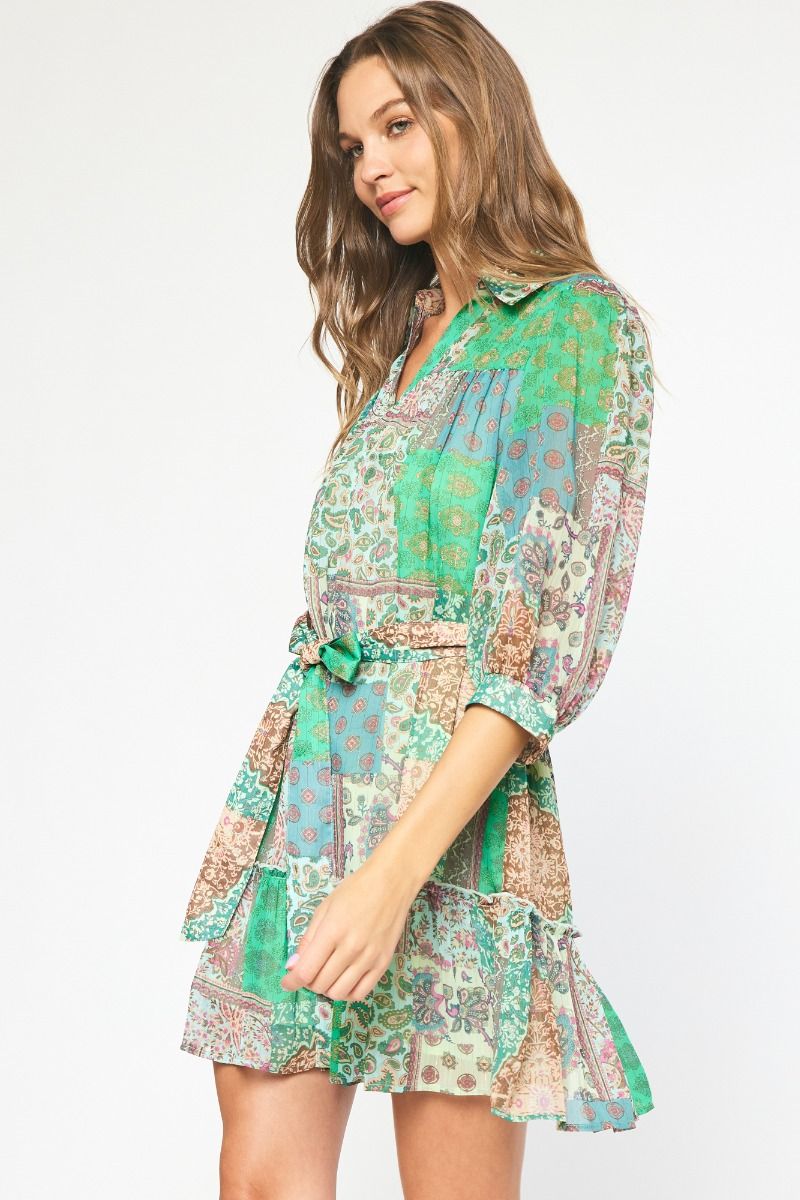 Entro Green Mixed Print Paisley Mini Dress With Belt-Short Dresses-Entro-Deja Nu Boutique, Women's Fashion Boutique in Lampasas, Texas