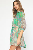 Entro Green Mixed Print Paisley Mini Dress With Belt-Short Dresses-Entro-Deja Nu Boutique, Women's Fashion Boutique in Lampasas, Texas