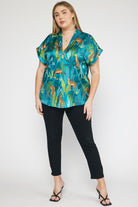 Entro Green Satin Tropical Cheetah Print V-Neck Top Featuring Permanent Rolled Cuffs In Plus-Curvy/Plus Blouses-Entro-Deja Nu Boutique, Women's Fashion Boutique in Lampasas, Texas