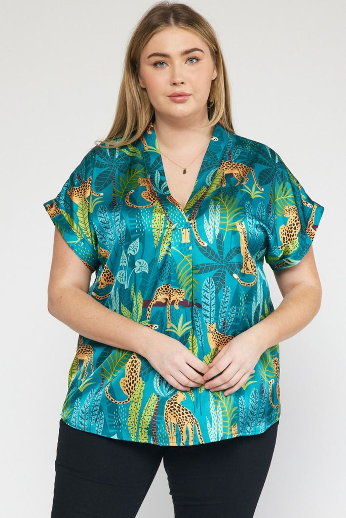 Entro Green Satin Tropical Cheetah Print V-Neck Top Featuring Permanent Rolled Cuffs In Plus-Curvy/Plus Blouses-Entro-Deja Nu Boutique, Women's Fashion Boutique in Lampasas, Texas