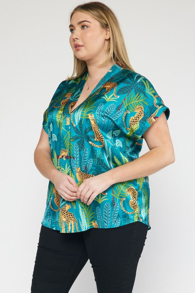 Entro Green Satin Tropical Cheetah Print V-Neck Top Featuring Permanent Rolled Cuffs In Plus-Curvy/Plus Blouses-Entro-Deja Nu Boutique, Women's Fashion Boutique in Lampasas, Texas