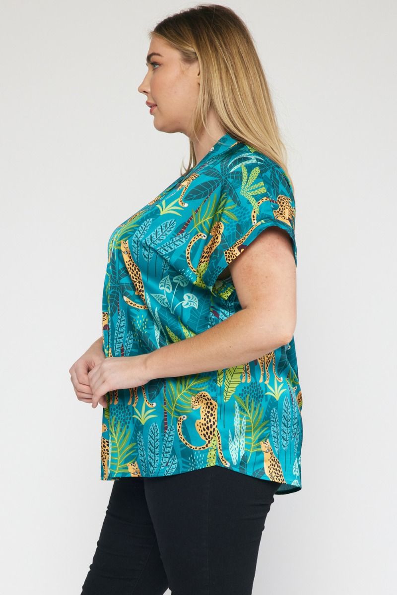 Entro Green Satin Tropical Cheetah Print V-Neck Top Featuring Permanent Rolled Cuffs In Plus-Curvy/Plus Blouses-Entro-Deja Nu Boutique, Women's Fashion Boutique in Lampasas, Texas