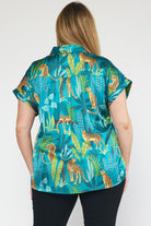 Entro Green Satin Tropical Cheetah Print V-Neck Top Featuring Permanent Rolled Cuffs In Plus-Curvy/Plus Blouses-Entro-Deja Nu Boutique, Women's Fashion Boutique in Lampasas, Texas