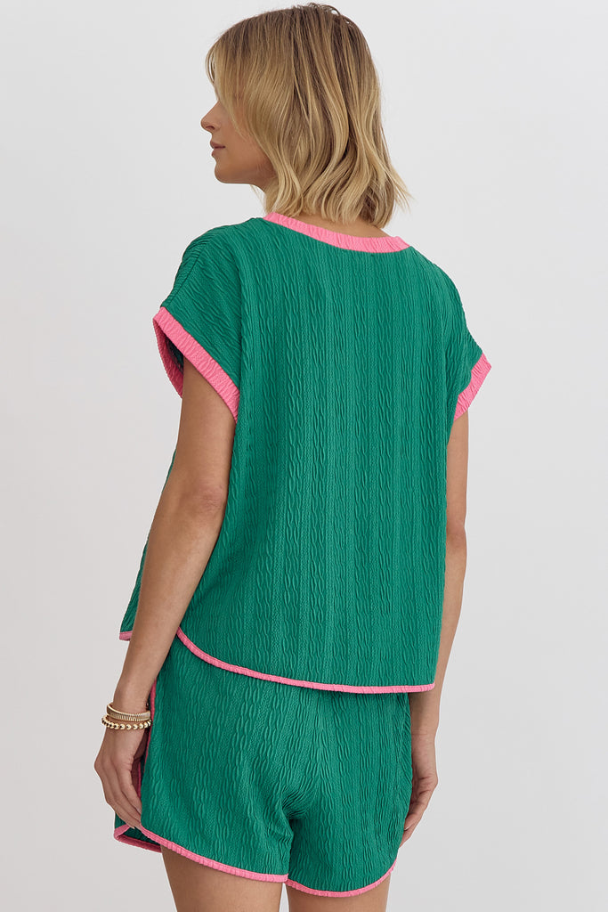 Entro Green Textured Short Sleeve Top With Pink Contrasting Trim-Tops-Entro-Deja Nu Boutique, Women's Fashion Boutique in Lampasas, Texas