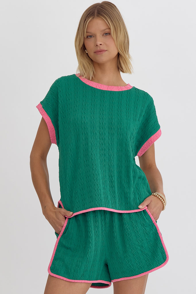 Entro Green Textured Short Sleeve Top With Pink Contrasting Trim-Tops-Entro-Deja Nu Boutique, Women's Fashion Boutique in Lampasas, Texas