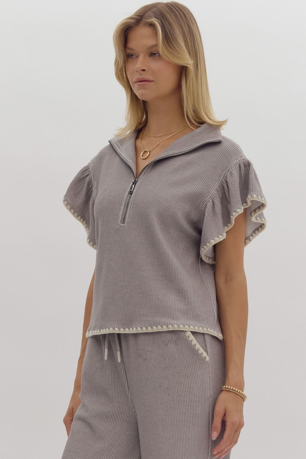 Entro Grey Short Ruffle Sleeve Half Zip Neckline And Contrast Trim Top-Tops-Entro-Deja Nu Boutique, Women's Fashion Boutique in Lampasas, Texas