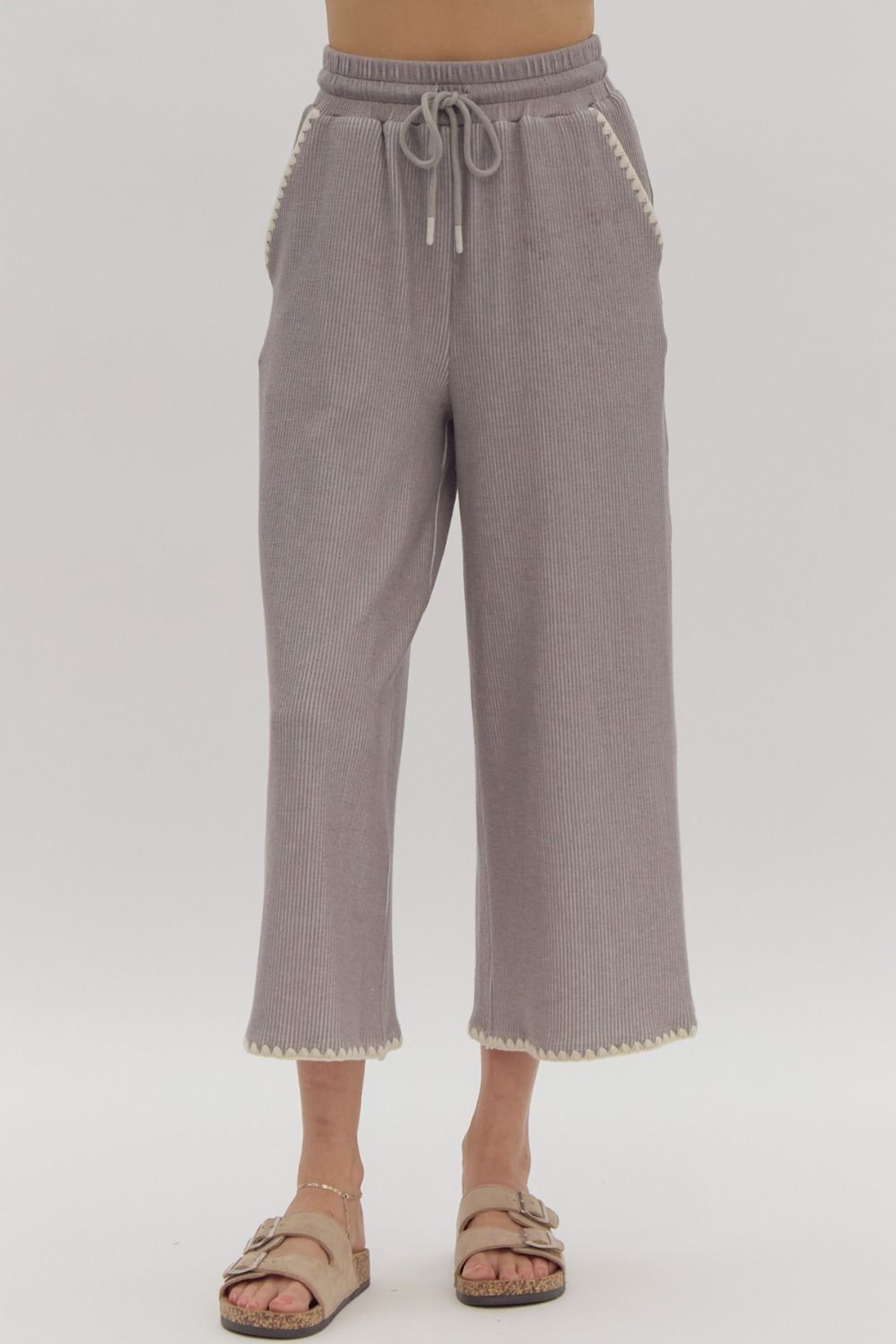 Entro Grey Soft Ribbed Wide Leg Crop Bottoms With Contrast Stitching-Bottoms-Entro-Deja Nu Boutique, Women's Fashion Boutique in Lampasas, Texas