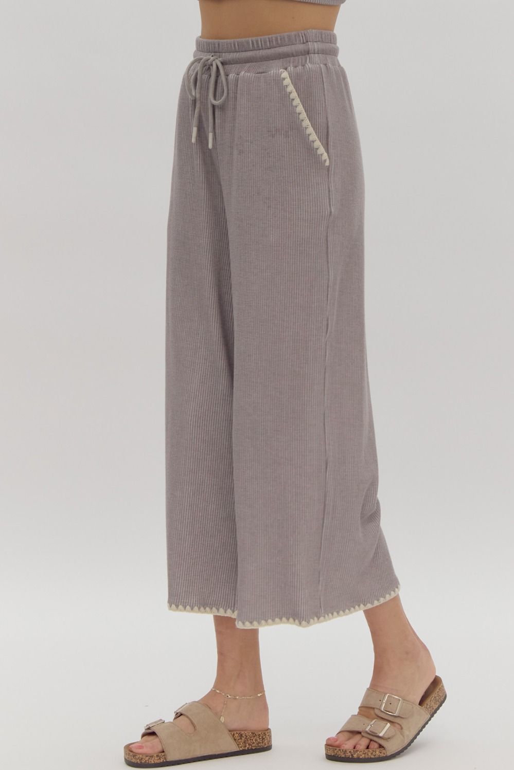 Entro Grey Soft Ribbed Wide Leg Crop Bottoms With Contrast Stitching-Bottoms-Entro-Deja Nu Boutique, Women's Fashion Boutique in Lampasas, Texas