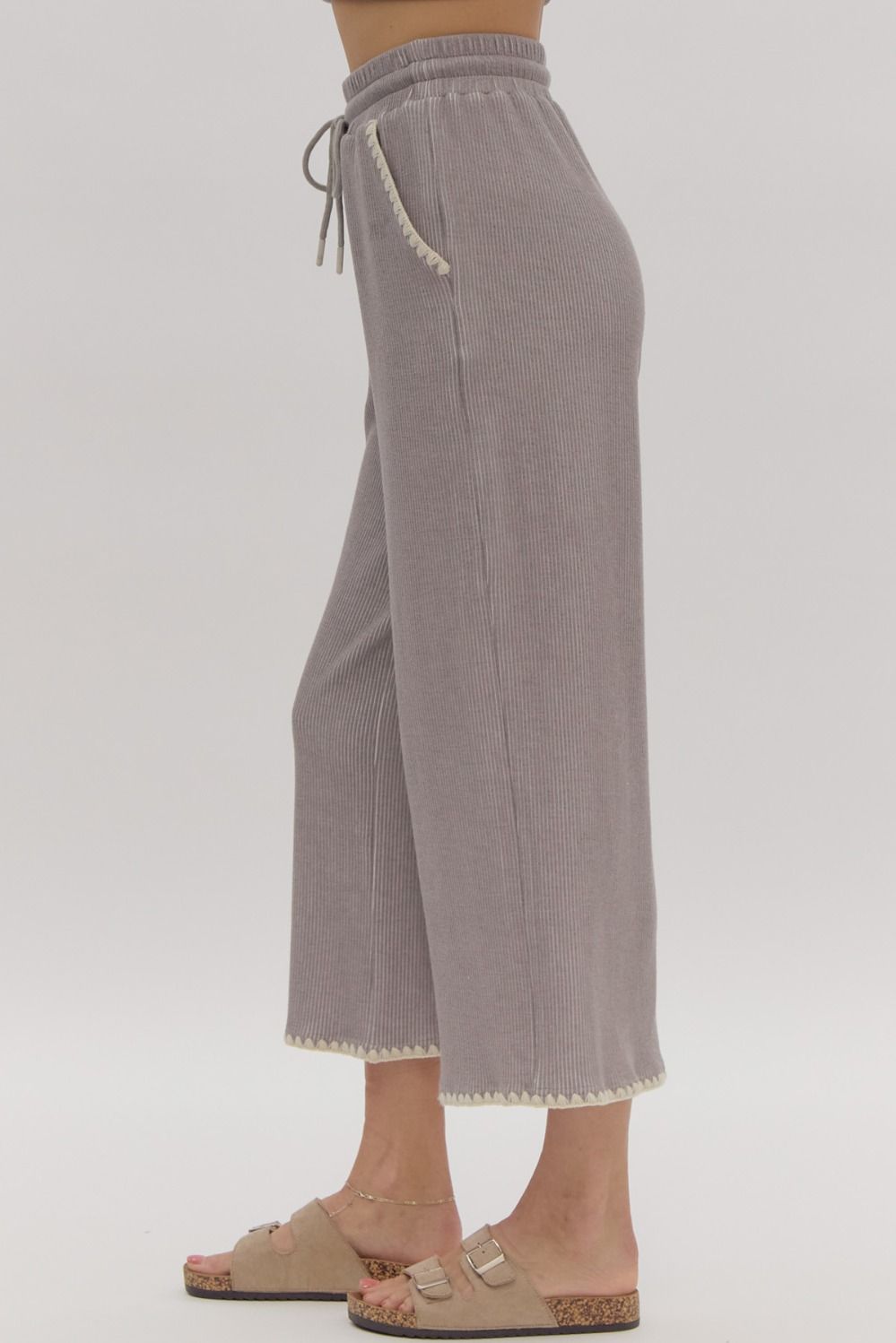 Entro Grey Soft Ribbed Wide Leg Crop Bottoms With Contrast Stitching-Bottoms-Entro-Deja Nu Boutique, Women's Fashion Boutique in Lampasas, Texas