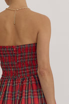 Entro Holiday Red Plaid Pleat Strapless Midi Dress&nbsp;-Dresses-Entro-Deja Nu Boutique, Women's Fashion Boutique in Lampasas, Texas