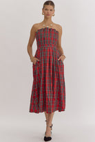 Entro Holiday Red Plaid Pleat Strapless Midi Dress&nbsp;-Dresses-Entro-Deja Nu Boutique, Women's Fashion Boutique in Lampasas, Texas