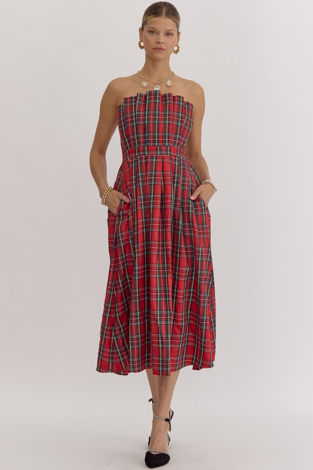 Entro Holiday Red Plaid Pleat Strapless Midi Dress&nbsp;-Dresses-Entro-Deja Nu Boutique, Women's Fashion Boutique in Lampasas, Texas