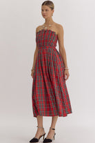 Entro Holiday Red Plaid Pleat Strapless Midi Dress&nbsp;-Dresses-Entro-Deja Nu Boutique, Women's Fashion Boutique in Lampasas, Texas