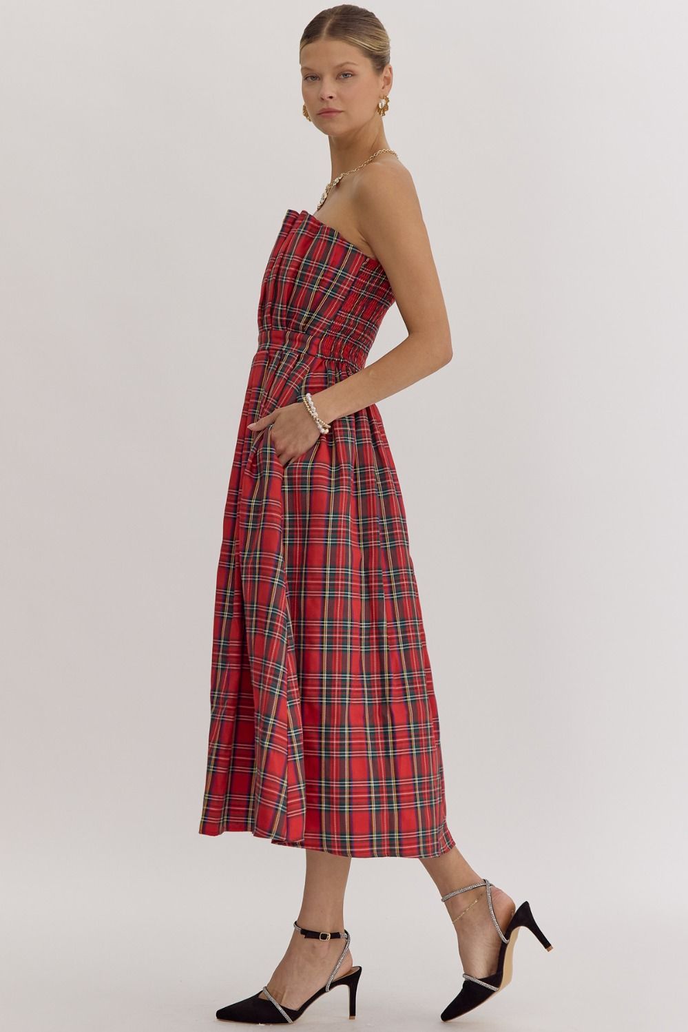 Entro Holiday Red Plaid Pleat Strapless Midi Dress&nbsp;-Dresses-Entro-Deja Nu Boutique, Women's Fashion Boutique in Lampasas, Texas