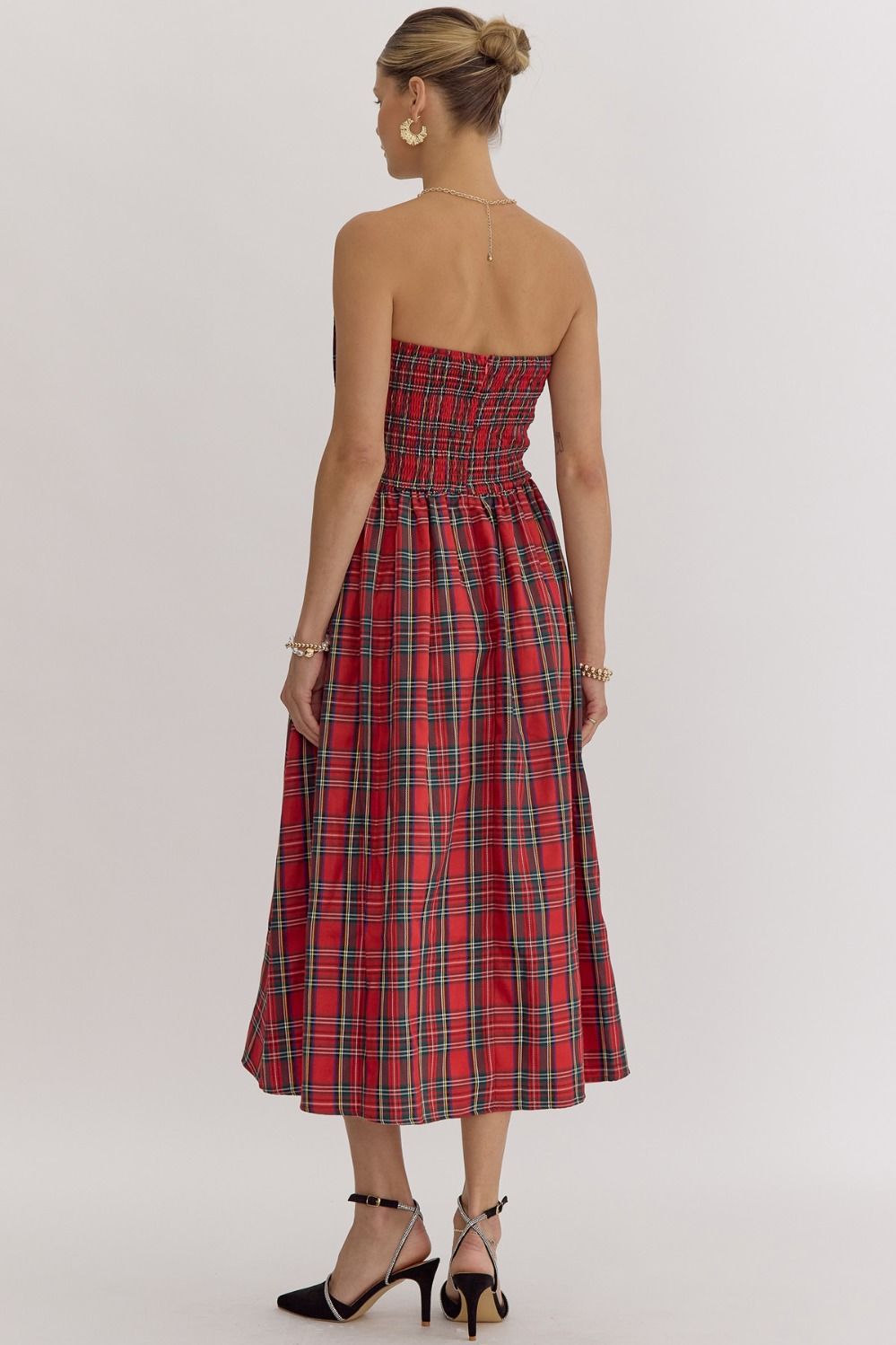 Entro Holiday Red Plaid Pleat Strapless Midi Dress&nbsp;-Dresses-Entro-Deja Nu Boutique, Women's Fashion Boutique in Lampasas, Texas