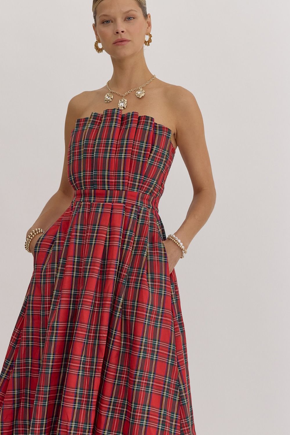 Entro Holiday Red Plaid Pleat Strapless Midi Dress&nbsp;-Dresses-Entro-Deja Nu Boutique, Women's Fashion Boutique in Lampasas, Texas