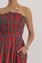 Entro Holiday Red Plaid Pleat Strapless Midi Dress&nbsp;-Dresses-Entro-Deja Nu Boutique, Women's Fashion Boutique in Lampasas, Texas