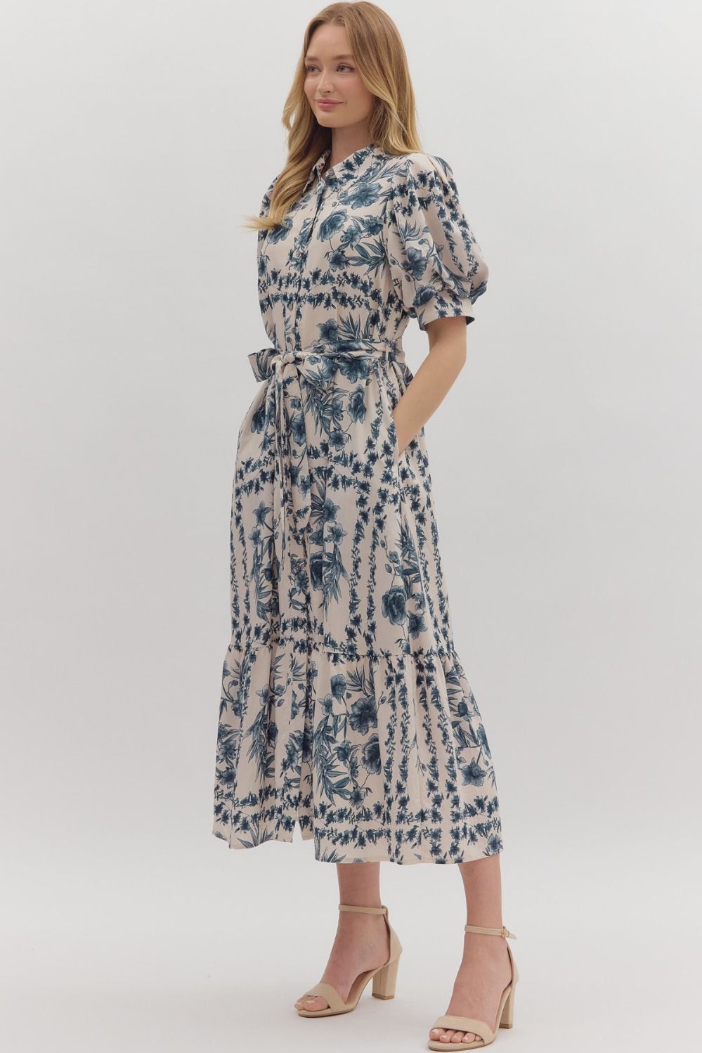 Entro Ink Blue Floral Midi Dress with Puff Sleeves & Tie Waist-Midi Dresses-entro-Deja Nu Boutique, Women's Fashion Boutique in Lampasas, Texas