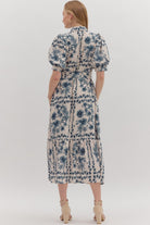 Entro Ink Blue Floral Midi Dress with Puff Sleeves & Tie Waist-Midi Dresses-entro-Deja Nu Boutique, Women's Fashion Boutique in Lampasas, Texas