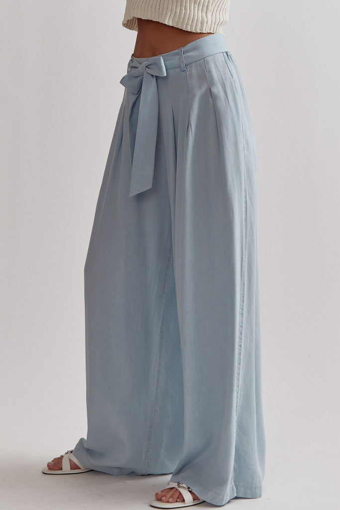 Entro Light Blue Denim Wide Leg Paper Bag Pants-Bottoms-Entro-Deja Nu Boutique, Women's Fashion Boutique in Lampasas, Texas