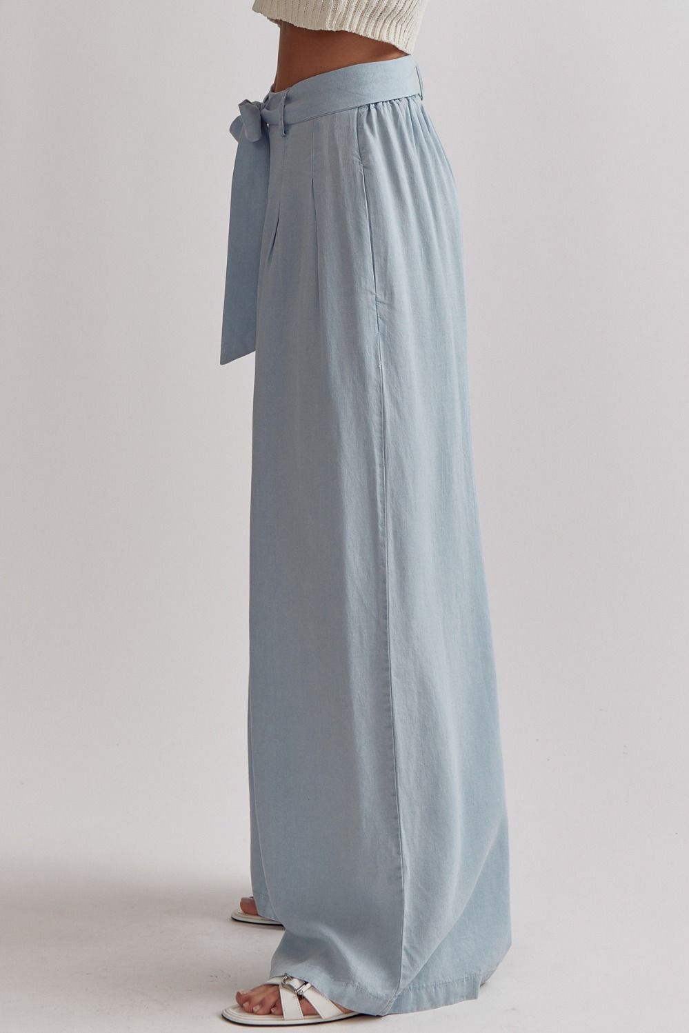 Entro Light Blue Denim Wide Leg Paper Bag Pants-Bottoms-Entro-Deja Nu Boutique, Women's Fashion Boutique in Lampasas, Texas