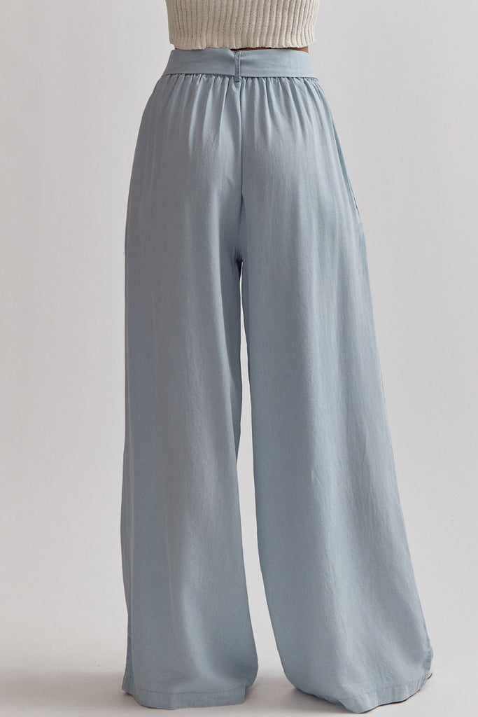 Entro Light Blue Denim Wide Leg Paper Bag Pants-Bottoms-Entro-Deja Nu Boutique, Women's Fashion Boutique in Lampasas, Texas