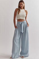 Entro Light Blue Denim Wide Leg Paper Bag Pants-Bottoms-Entro-Deja Nu Boutique, Women's Fashion Boutique in Lampasas, Texas