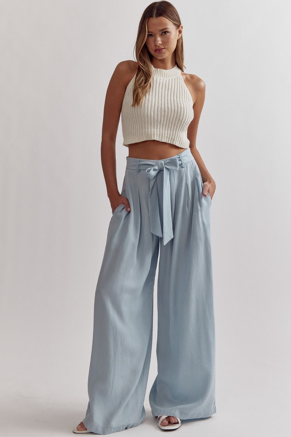 Entro Light Blue Denim Wide Leg Paper Bag Pants-Bottoms-Entro-Deja Nu Boutique, Women's Fashion Boutique in Lampasas, Texas