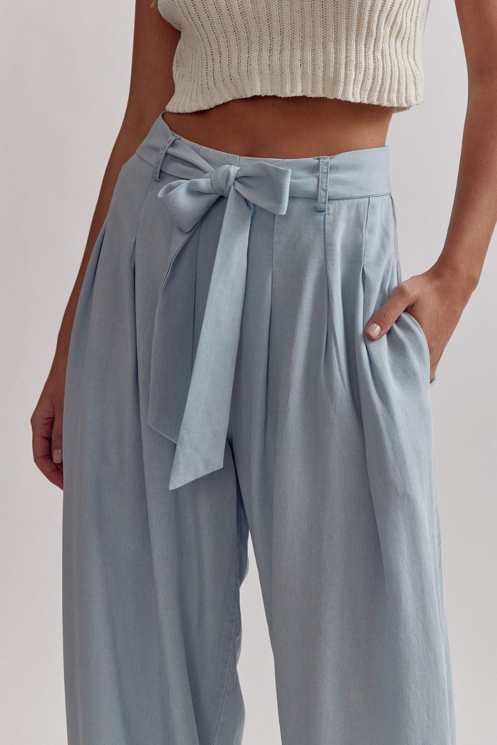 Entro Light Blue Denim Wide Leg Paper Bag Pants-Bottoms-Entro-Deja Nu Boutique, Women's Fashion Boutique in Lampasas, Texas