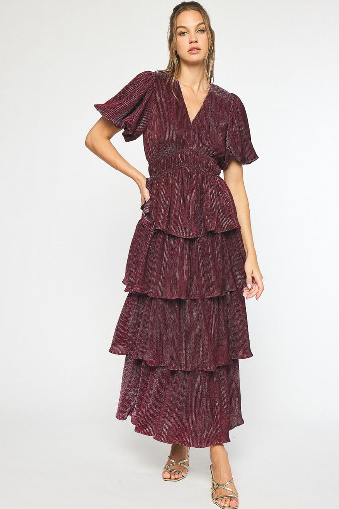 Entro Metallic Sangria Puff Sleeve Maxi Dress With Tiered Skirt-Maxi Dresses-Entro-Deja Nu Boutique, Women's Fashion Boutique in Lampasas, Texas