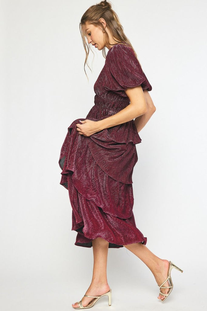 Entro Metallic Sangria Puff Sleeve Maxi Dress With Tiered Skirt-Maxi Dresses-Entro-Deja Nu Boutique, Women's Fashion Boutique in Lampasas, Texas